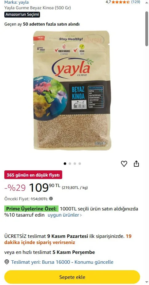 Yayla Gurme Beyaz Kinoa (500 Gr)
