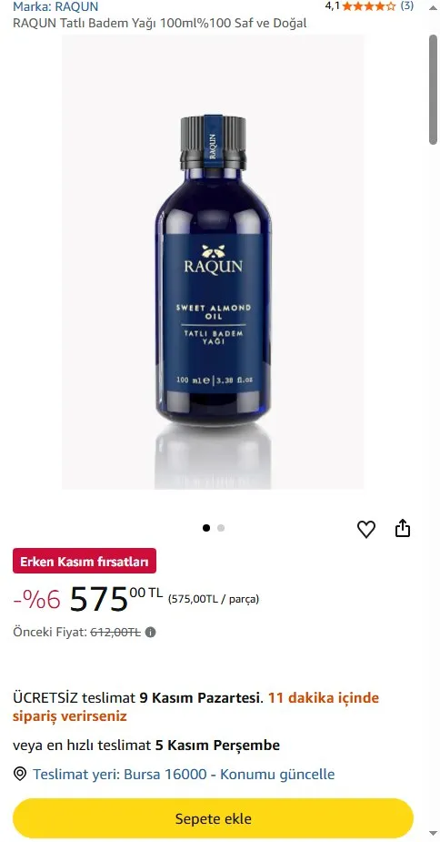 RAQUN Tatlı Badem Yağı 100ml%100 Saf ve Doğal