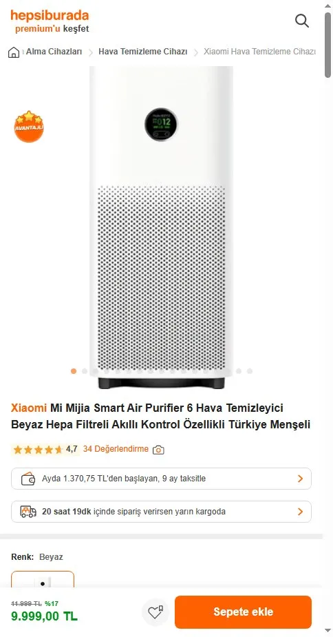 Xiaomi Mi Mijia Smart Air Purifier 6 Hava Temizleyici Beyaz Hepa Filtreli Akıllı Kontrol Özellikli Türkiye Menşeli