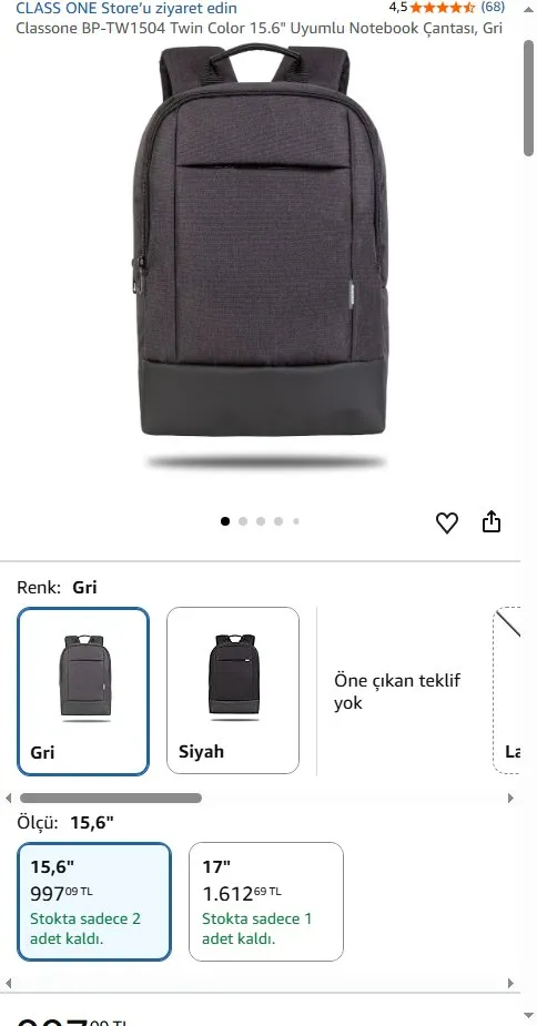 Classone BP-TW1504 Twin Color 15.6" Uyumlu Notebook Çantası, Gri