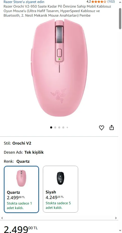 Razer Orochi V2-950 Saate Kadar Pil Ömrüne Sahip Mobil Kablosuz Oyun Mouse'u (Ultra Hafif Tasarım, HyperSpeed Kablosuz ve Bluetooth, 2. Nesil Mekanik Mouse Anahtarları) Pembe