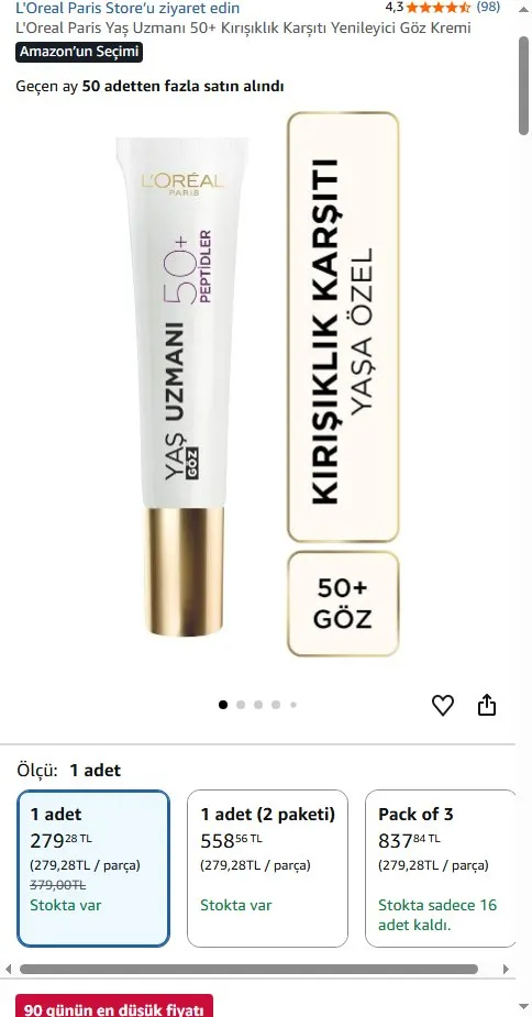 L'Oreal Paris Yaş Uzmanı 50+ Kırışıklık Karşıtı Yenileyici Göz Kremi