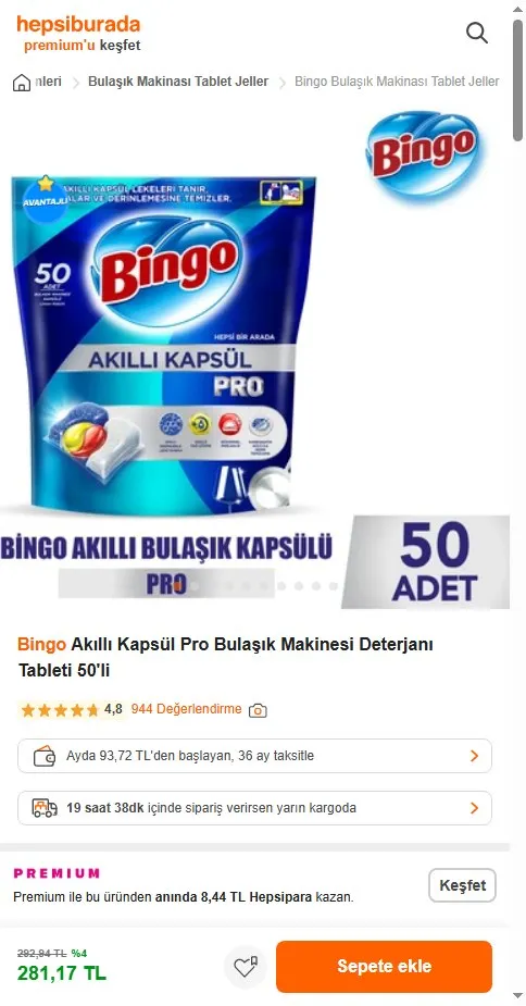 Bingo Akıllı Kapsül Pro Bulaşık Makinesi Deterjanı Tableti 50'li