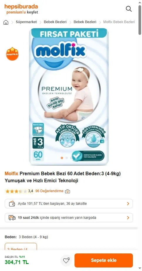 Molfix Premium Bebek Bezi 60 Adet Beden:3 (4-9kg) Yumuşak ve Hızlı Emici Teknoloji