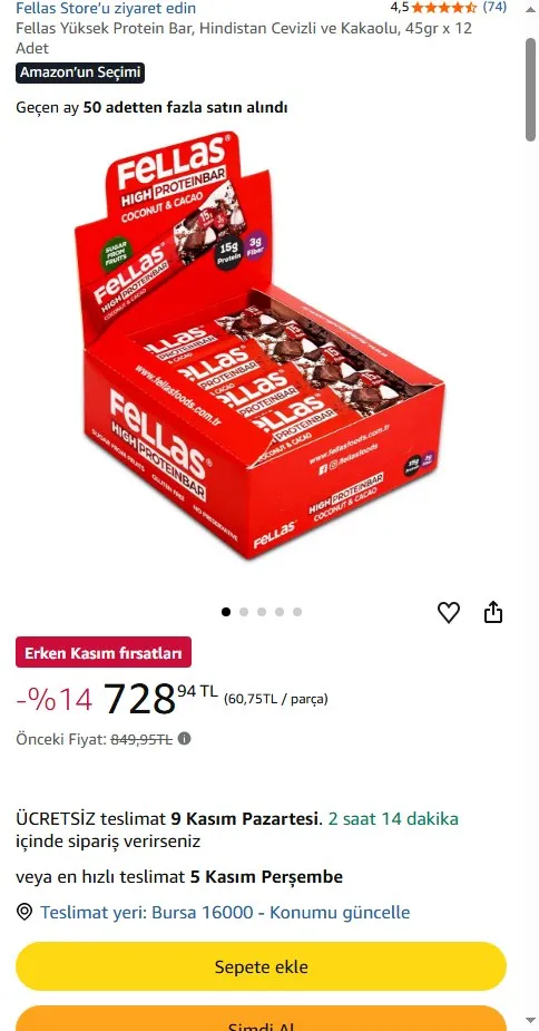 Fellas Yüksek Protein Bar, Hindistan Cevizli ve Kakaolu, 45gr x 12 Adet
