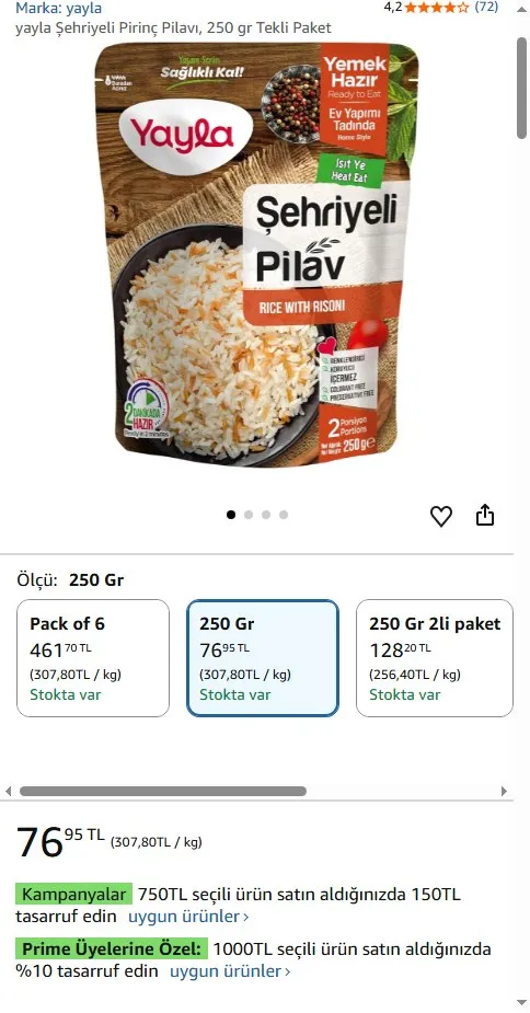 yayla Şehriyeli Pirinç Pilavı, 250 gr Tekli Paket
