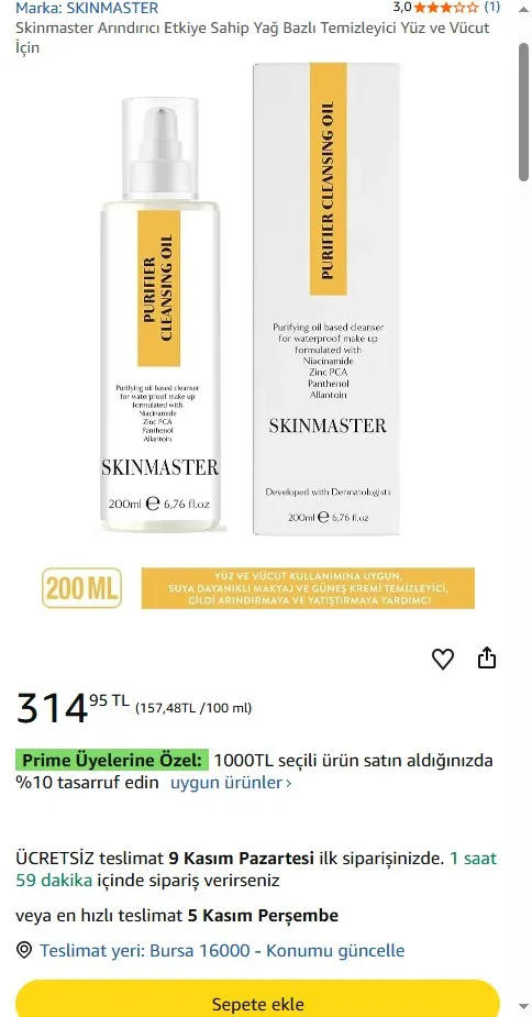 Skinmaster Arındırıcı Etkiye Sahip Yağ Bazlı Temizleyici Yüz ve Vücut İçin