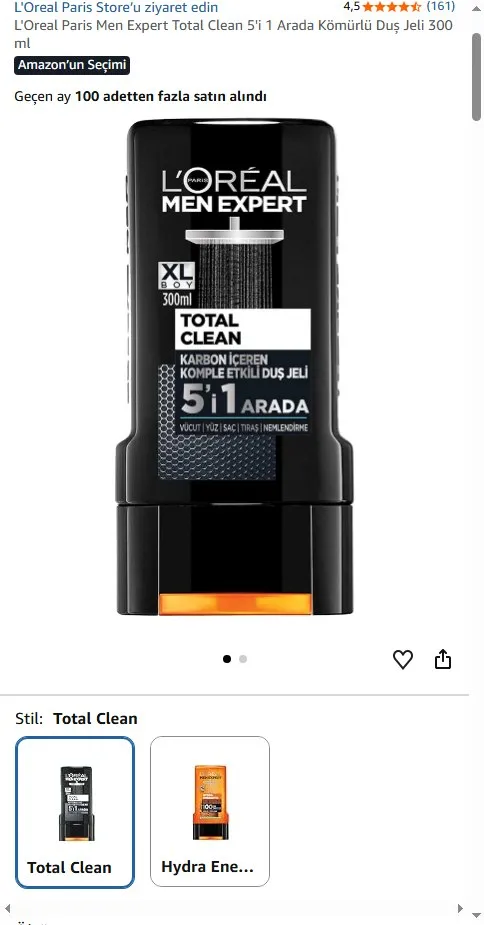 L'Oreal Paris Men Expert Total Clean 5'i 1 Arada Kömürlü Duş Jeli 300 ml