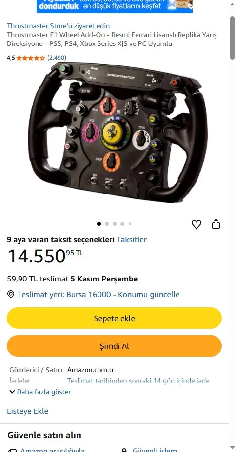 Thrustmaster F1 Wheel Add-On - Resmi Ferrari Lisanslı Replika Yarış Direksiyonu - PS5, PS4, Xbox Series X|S ve PC Uyumlu