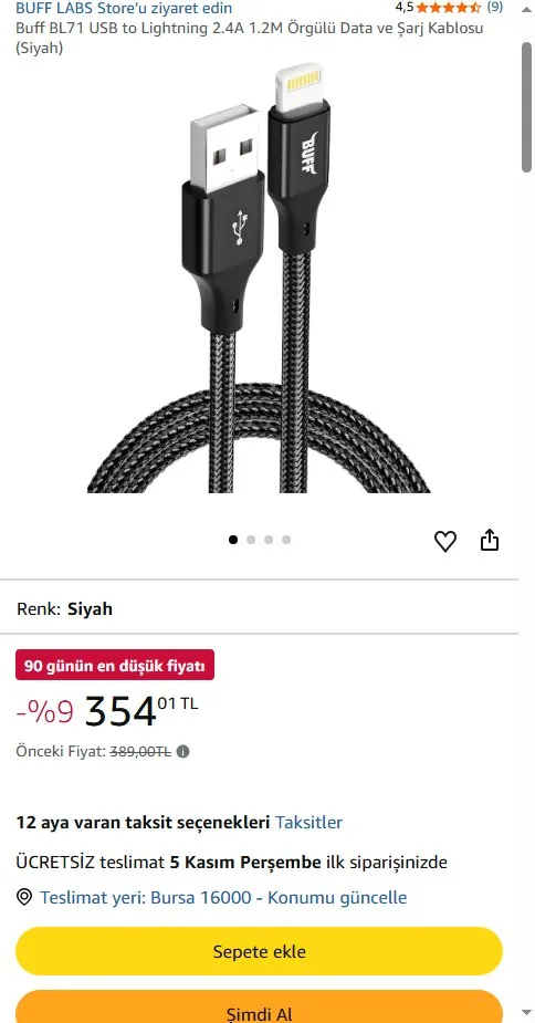 Buff BL71 USB to Lightning 2.4A 1.2M Örgülü Data ve Şarj Kablosu (Siyah)