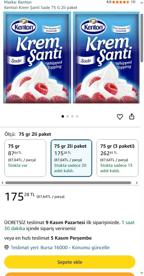 Kenton Krem Şanti Sade 75 G 2li paket