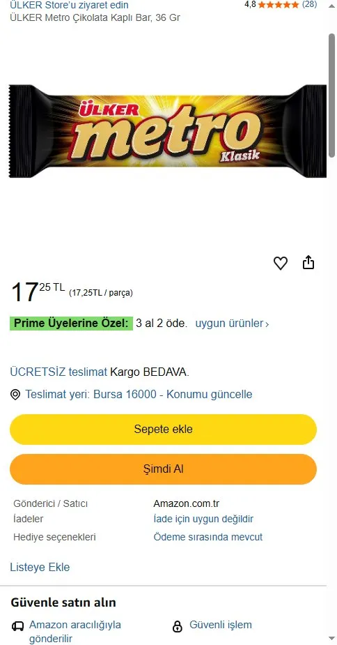 ÜLKER Metro Çikolata Kaplı Bar, 36 Gr