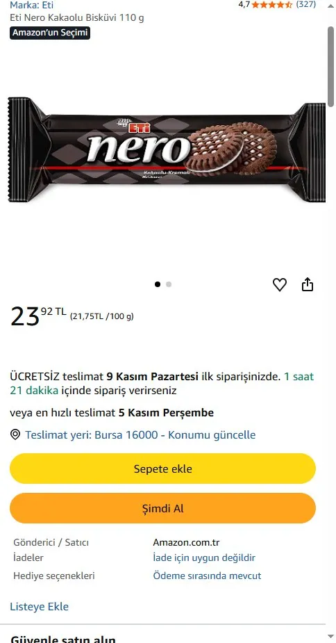 Eti Nero Kakaolu Bisküvi 110 g