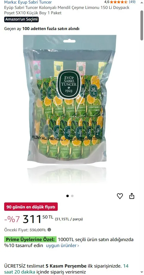 Eyüp Sabri Tuncer Kolonyalı Mendil Çeşme Limonu 150 Li Doypack Poşet 5X10 Küçük Boy 1 Paket