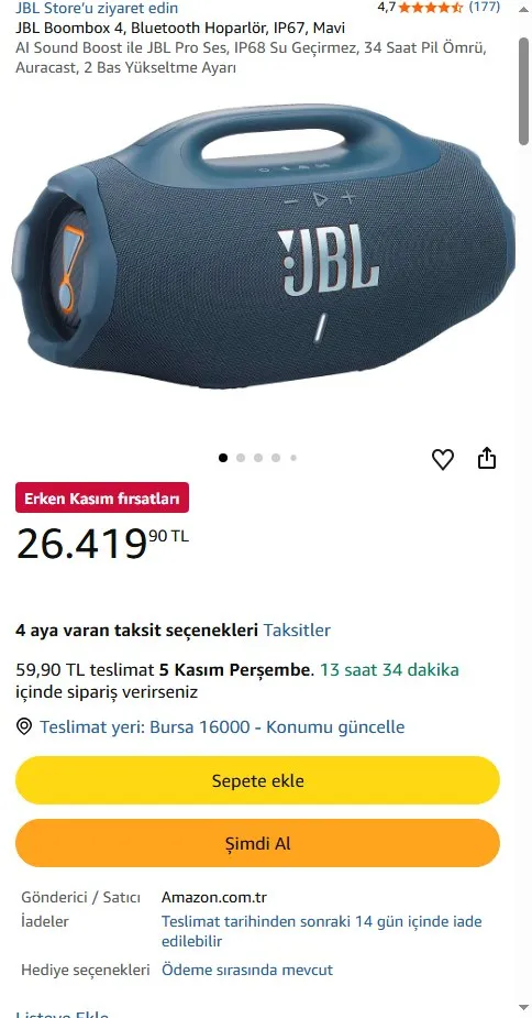 JBL Boombox 4, Bluetooth Hoparlör, IP67, Mavi