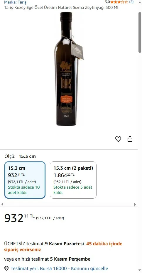 Tariş-Kuzey Ege Özel Üretim Natürel Sızma Zeytinyağı 500 Ml