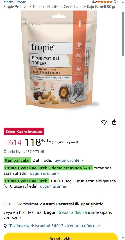 Fropie Probiyotik Topları - Hindistan Cevizi Kaplı & Kaju Ezmeli 80 gr