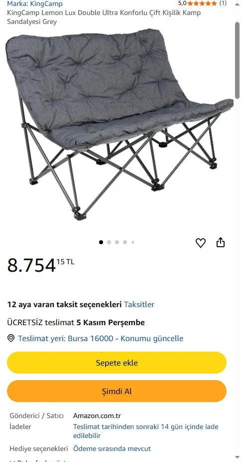 KingCamp Lemon Lux Double Ultra Konforlu Çift Kişilik Kamp Sandalyesi Grey