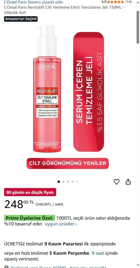 L'Oreal Paris Revitalift Cilt Yenileme Etkili Temizleme Jeli 150ML - Glikolik Asit