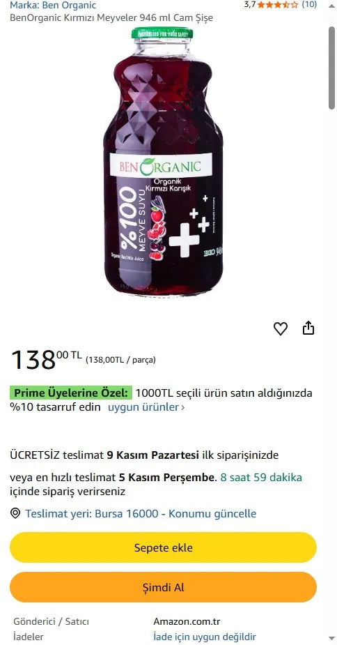 BenOrganic Kırmızı Meyveler 946 ml Cam Şişe