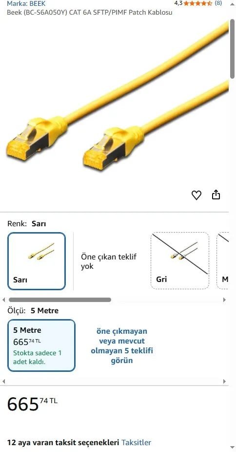 Beek (BC-S6A050Y) CAT 6A SFTP/PIMF Patch Kablosu