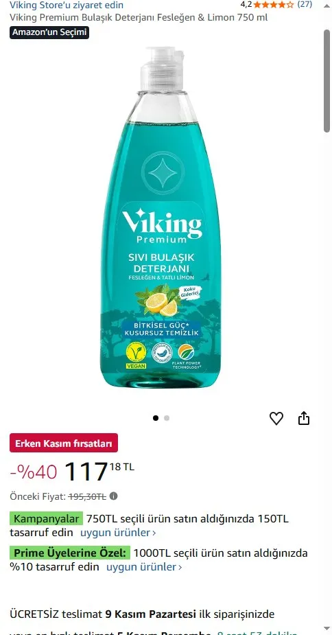 Viking Premium Bulaşık Deterjanı Fesleğen & Limon 750 ml
