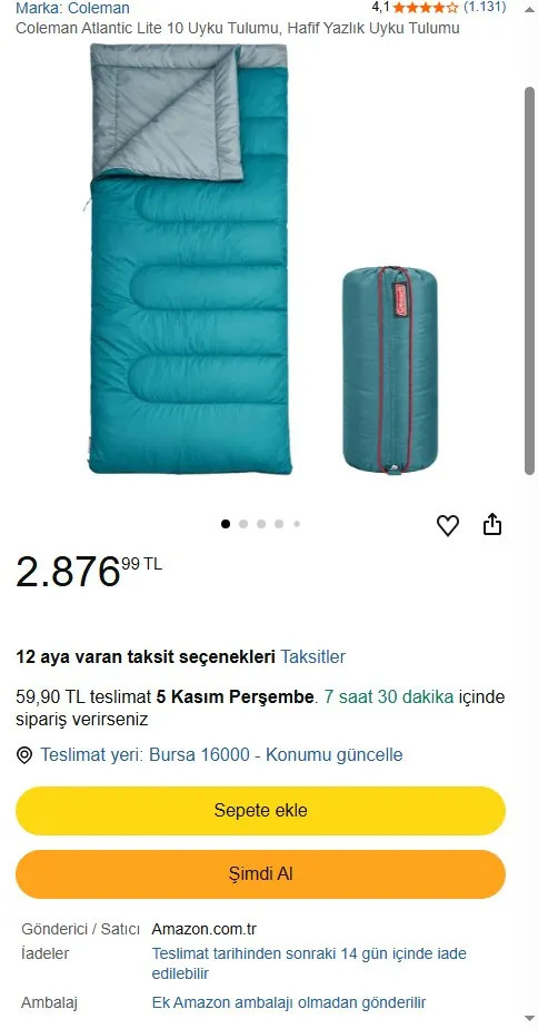 Coleman Atlantic Lite 10 Uyku Tulumu, Hafif Yazlık Uyku Tulumu