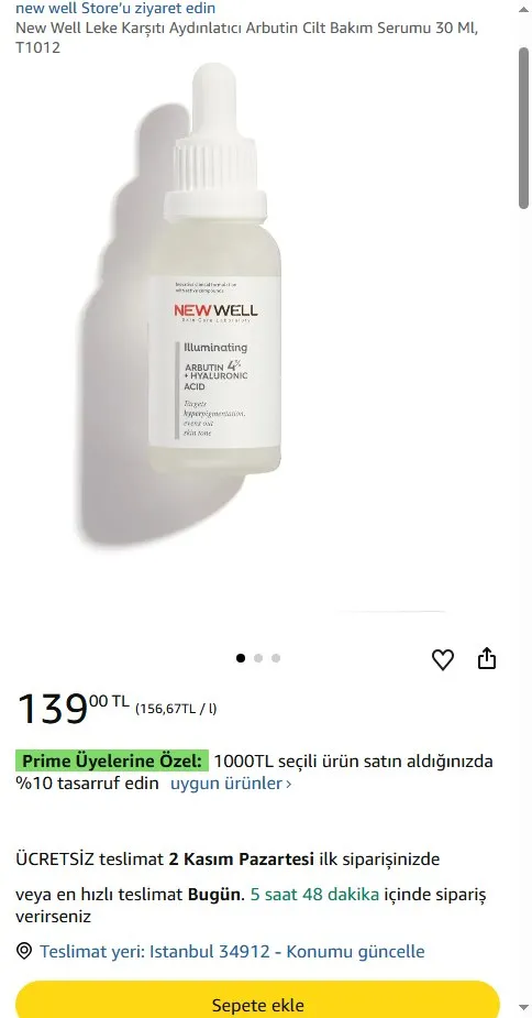New Well Leke Karşıtı Aydınlatıcı Arbutin Cilt Bakım Serumu 30 Ml, T1012