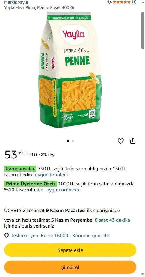 Yayla Mısır Pirinç Penne Poşet 400 Gr