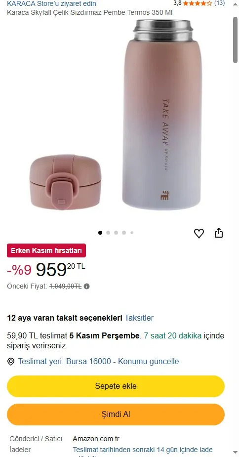 Karaca Skyfall Çelik Sızdırmaz Pembe Termos 350 Ml