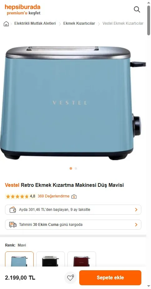 Vestel Retro Ekmek Kızartma Makinesi Düş Mavisi