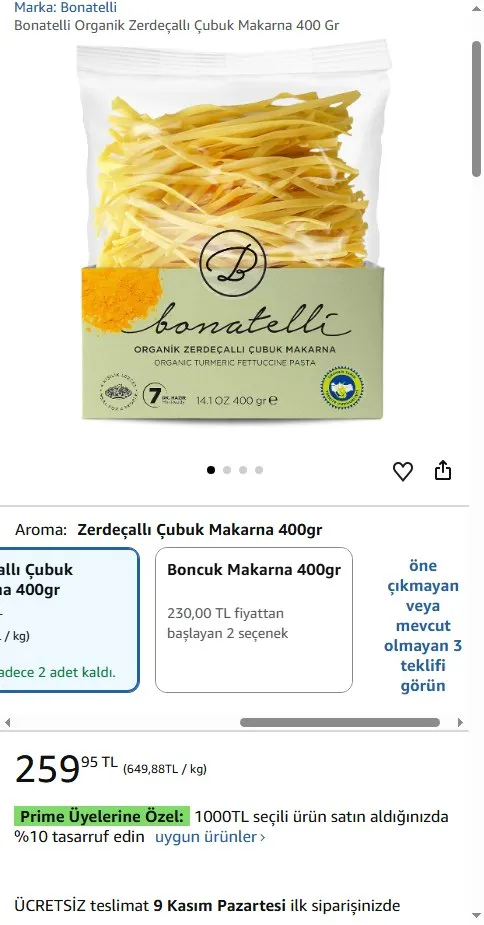 Bonatelli Organik Zerdeçallı Çubuk Makarna 400 Gr