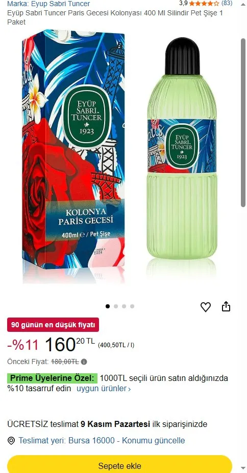 Eyüp Sabri Tuncer Paris Gecesi Kolonyası 400 Ml Silindir Pet Şişe 1 Paket