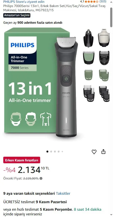 Philips 7000Serisi 13in1, Erkek Bakım Seti,Yüz/Saç/Vücut/Sakal Tıraş Makinesi, Islak&Kuru, MG7922/15