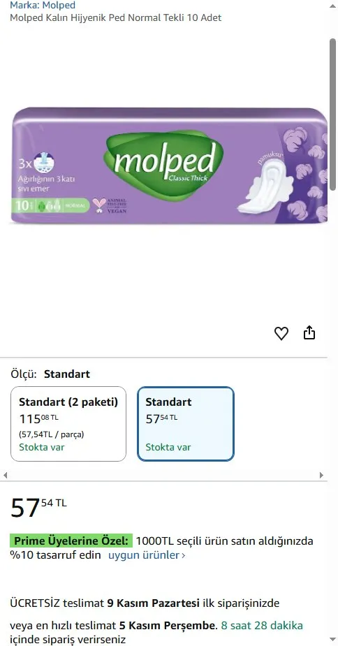 Molped Kalın Hijyenik Ped Normal Tekli 10 Adet
