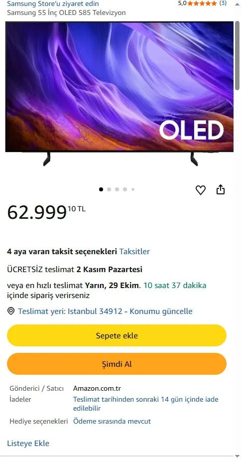 Samsung 55 İnç OLED S85 Televizyon