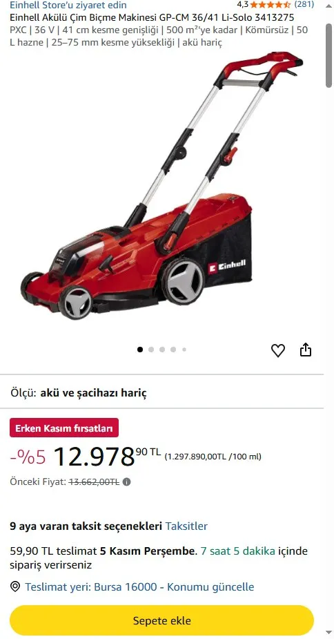 Einhell Akülü Çim Biçme Makinesi GP-CM 36/41 Li-Solo 3413275