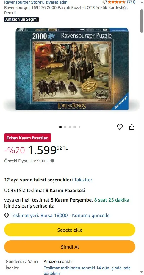 Ravensburger 169276 2000 Parçalı Puzzle LOTR Yüzük Kardeşliği, Renkli