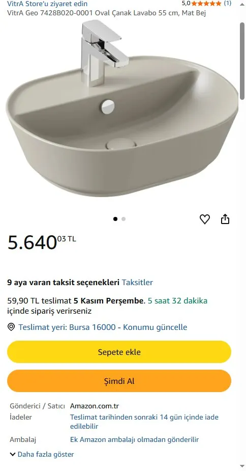 VitrA Geo 7428B020-0001 Oval Çanak Lavabo 55 cm, Mat Bej