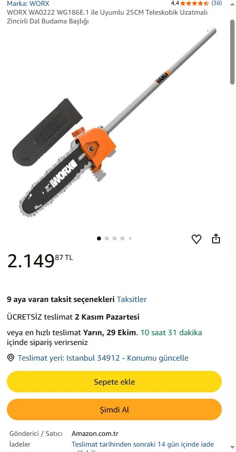 WORX WA0222 WG186E.1 ile Uyumlu 25CM Teleskobik Uzatmalı Zincirli Dal Budama Başlığı