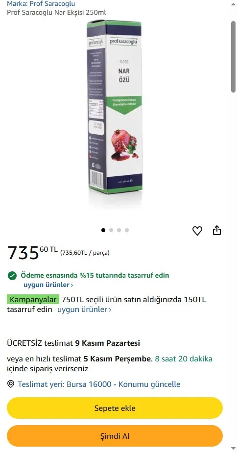 Prof Saracoglu Nar Ekşisi 250ml