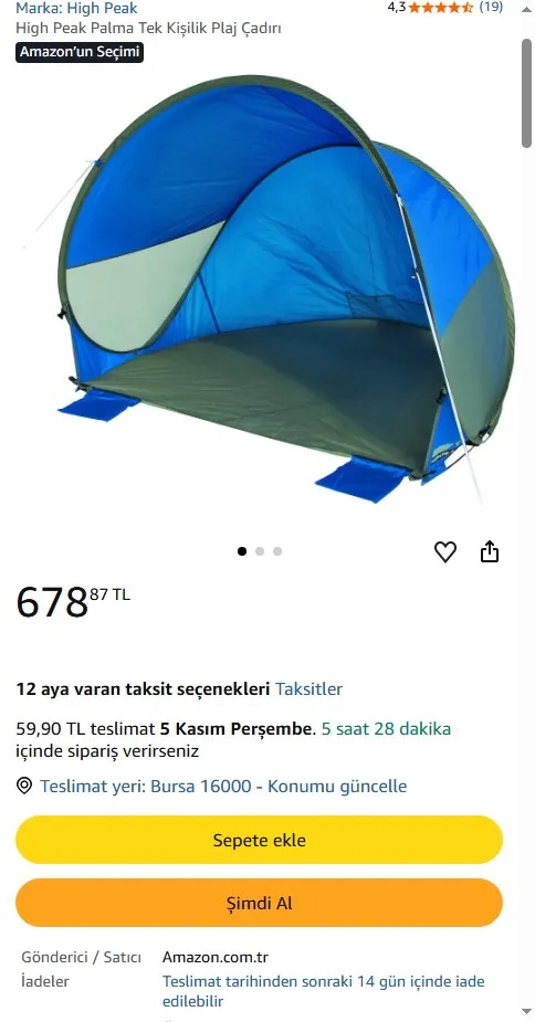 High Peak Palma Tek Kişilik Plaj Çadırı