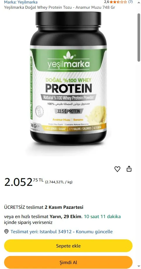 Yeşilmarka Doğal Whey Protein Tozu - Anamur Muzu 748 Gr