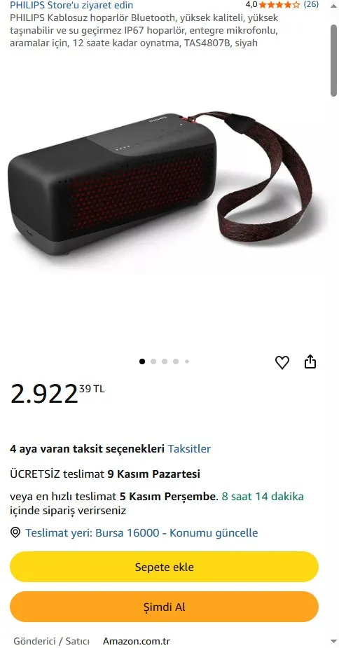 PHILIPS Kablosuz hoparlör Bluetooth, yüksek kaliteli, yüksek taşınabilir ve su geçirmez IP67 hoparlör, entegre mikrofonlu, aramalar için, 12 saate kadar oynatma, TAS4807B, siyah