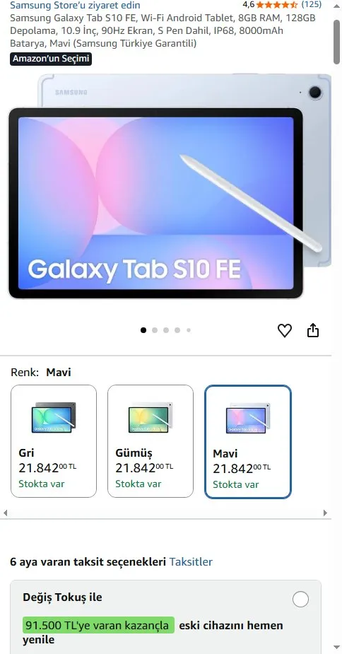 Samsung Galaxy Tab S10 FE, Wi-Fi Android Tablet, 8GB RAM, 128GB Depolama, 10.9 İnç, 90Hz Ekran, S Pen Dahil, IP68, 8000mAh Batarya, Mavi (Samsung Türkiye Garantili)