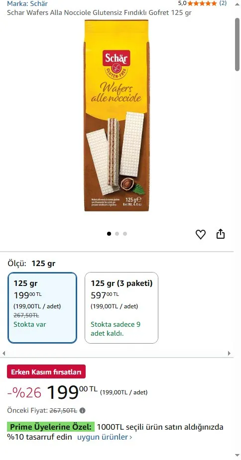Schar Wafers Alla Nocciole Glutensiz Fındıklı Gofret 125 gr