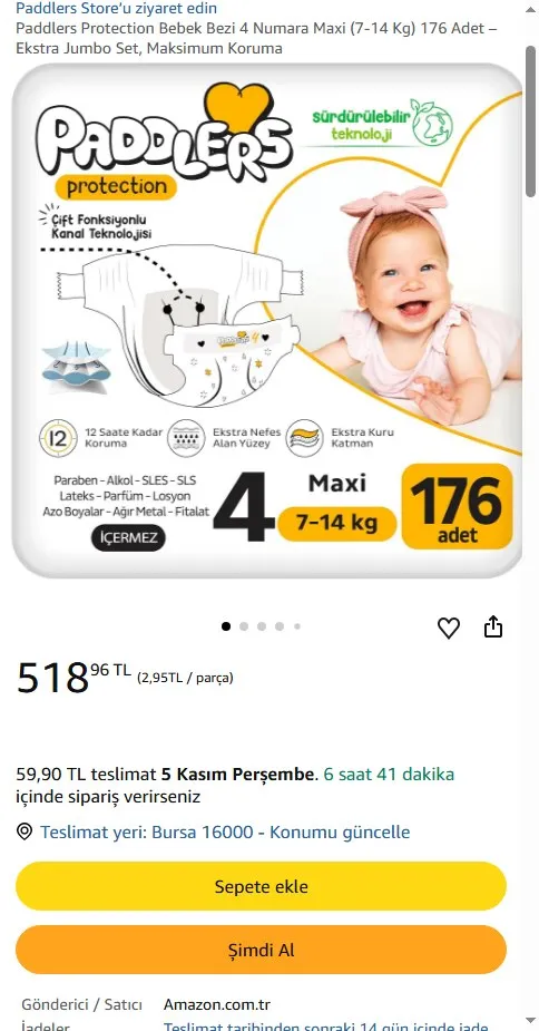 Paddlers Protection Bebek Bezi 4 Numara Maxi (7-14 Kg) 176 Adet – Ekstra Jumbo Set, Maksimum Koruma