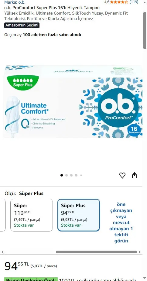 o.b. ProComfort Super Plus 16’lı Hijyenik Tampon