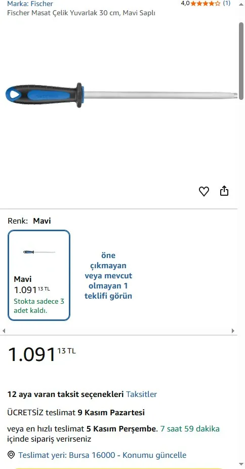 Fischer Masat Çelik Yuvarlak 30 cm, Mavi Saplı