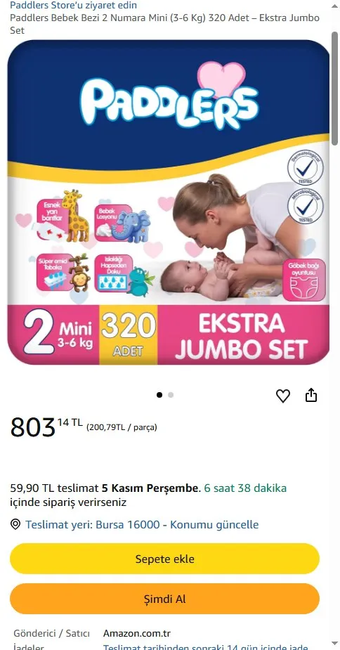Paddlers Bebek Bezi 2 Numara Mini (3-6 Kg) 320 Adet – Ekstra Jumbo Set